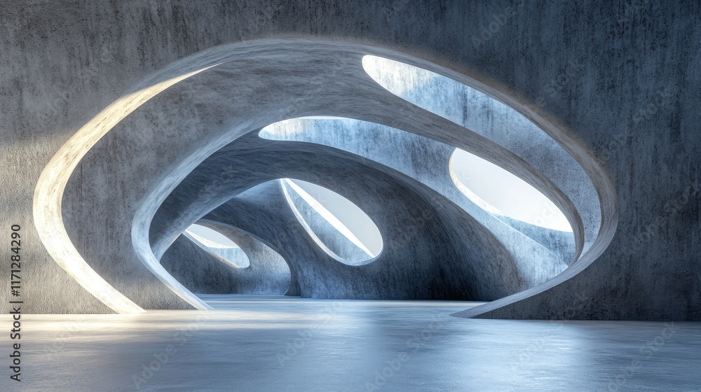 Poster a futuristic, abstract architectural space with smooth curves and natural light.