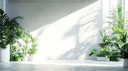 Bright white office space featuring exposed concrete and plenty of indoor plants, 3D rendering