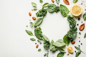 A minimalist 2D drawing of kale leaves arranged in a circle with simple toppings like seeds and lemon slices, styled for elegance