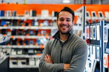 A friendly smartphone salesman in a store.