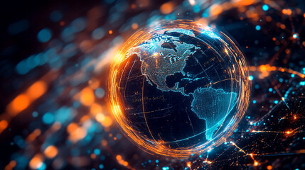 Obraz premium Digital globe surrounded by vibrant network connections at night