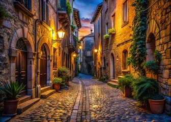 Night-shot narrow Italian street, age-old architecture.