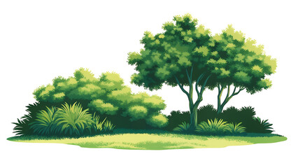 Lush green park landscape with trees, shrubs, and grass in illustration on white background PNG.AI GENERATED