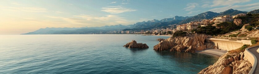 Climate change impacts global innovation. Serene coastal view with mountains and calm waters at sunset.