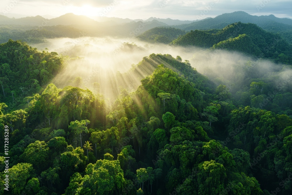 Aufkleber an aerial view of a sprawling jungle canopy, with patches of sunlight creating a mosaic of light and