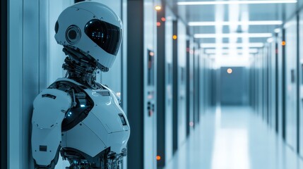 Fototapeta premium Advanced Robot Stands in Modern Server Room Corridor