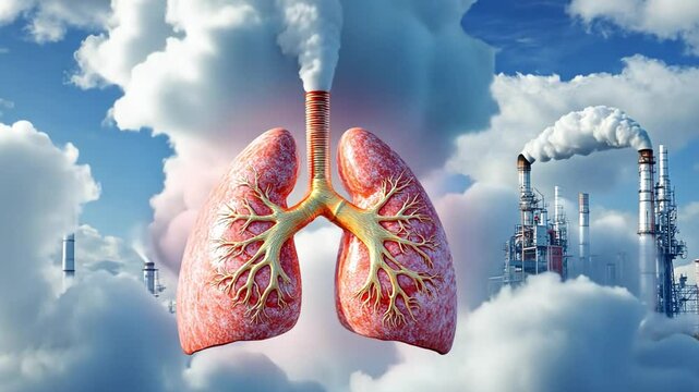 Human lungs suffering from industrial air pollution