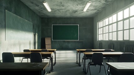 Classroom interior with empty blackboard on the wall