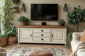 White sideboard with oak top, two doors and three drawers, placed in front of beige wall, with TV on left side, modern living room decor.