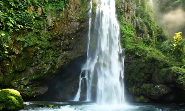 A picturesque waterfall cascading over mossy rocks into a clear pool. The surrounding forest is rich with vibrant green plants, and sunlight filters through the canopy
