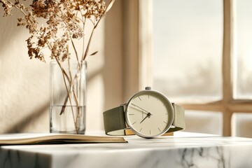 A minimalist khaki-colored watch with a fabric strap, set on a clean marble surface next to a notebook