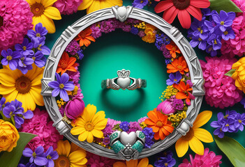 Beautiful silver rings surrounded by colorful flowers, symbolizing love and celebration
