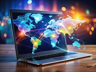 Modern laptop screen displays a multi-exposed global trade map, showcasing the interconnectedness of world commerce.