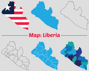 Liberia country map set. internal provinces borders marked, Simple map of Liberia vector drawing, Filled and outline.
