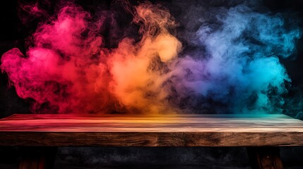 Colorful smoke backdrop with wooden table.