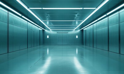 A sleek, modern corridor with blue lighting and metallic walls, suggesting a futuristic space.