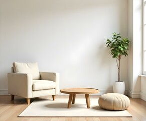 A minimalist living room with a wooden coffee table, a beige armchair, and a round pouf on a wooden floor
