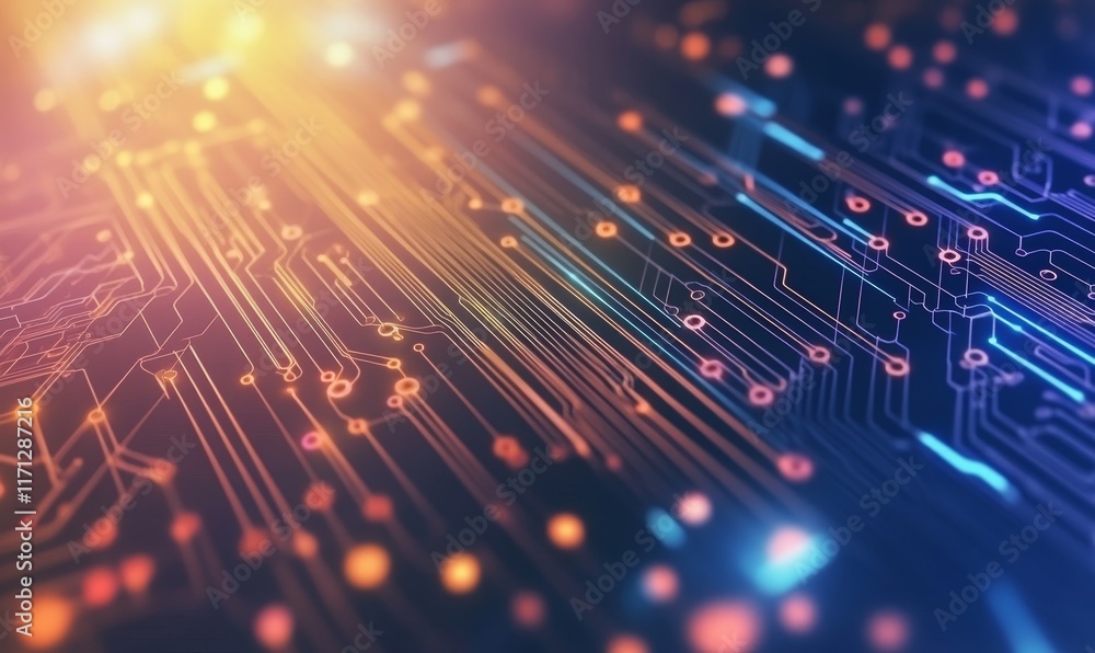 Poster abstract representation of a digital circuit board with vibrant colors and intricate patterns.