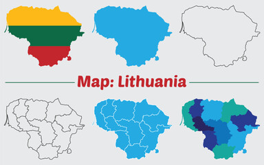 Obraz premium Lithuania country map set. internal provinces borders marked, Simple map of Lithuania vector drawing, Filled and outline.