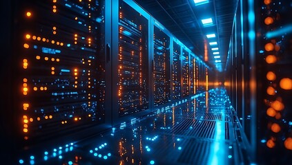 High-tech server room with illuminated data racks and reflective floor.