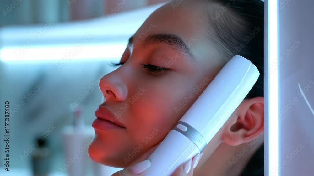 Poster this close up of a person using advanced skincare technology in a calm spa setting.