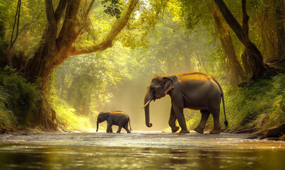 A mother elephant and her calf stand by the river in a tropical rainforest.