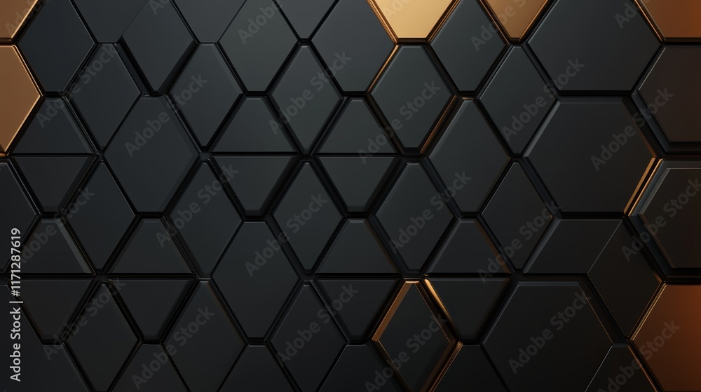Poster a modern abstract background featuring hexagonal shapes in black and gold tones.