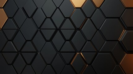 A modern abstract background featuring hexagonal shapes in black and gold tones.