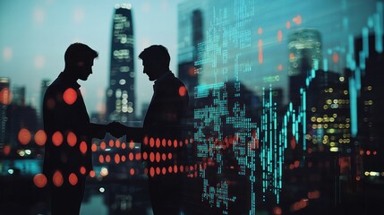 Businessmen shaking hands in front of a blurry city skyline, 