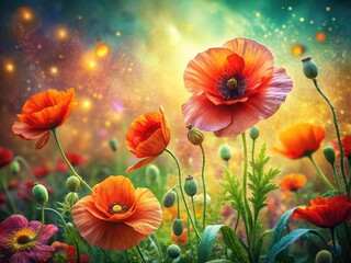 Obraz premium Rustic floral backdrop, poppy tilt-shift effect, wedding theme.