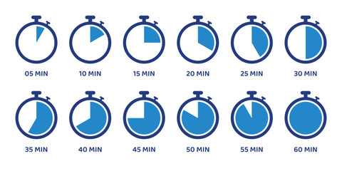 A stopwatch and timer icon set featuring various clock and timer symbols. Includes classic stopwatch designs, digital timers, countdown symbols, and related icons for time tracking and measurement.