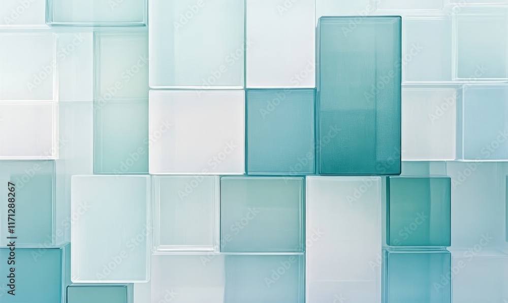 Poster a mosaic of translucent blue and white rectangles creating a modern, abstract visual effect.