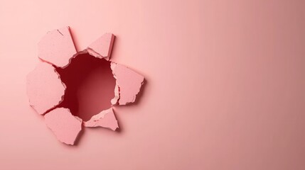 Sport ball break impact dynamic force. A textured pink wall with a hole revealing a darker interior, creating a striking visual contrast and an intriguing sense of depth.