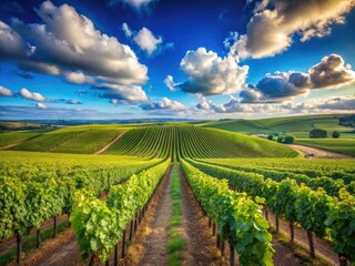 Fototapeta premium Rolling French hills, grapevines stretch under a somber, cloudy sky.