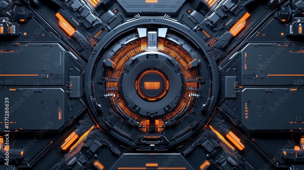 Poster futuristic abstract design with circular patterns and glowing orange elements.