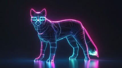 Neon wireframe fox, glowing pink and blue, standing on dark reflective surface.