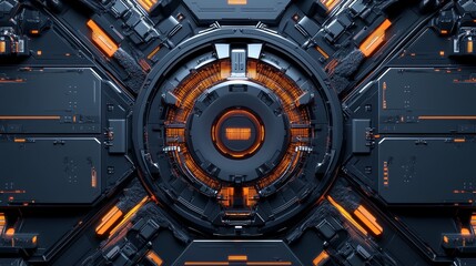 Fototapeta premium Futuristic abstract design with circular patterns and glowing orange elements.