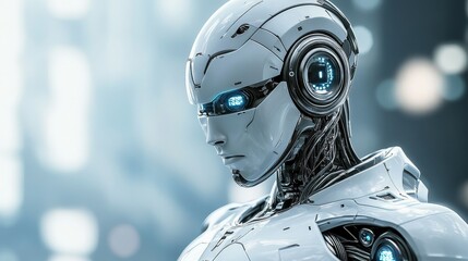 A futuristic humanoid robot with a sleek design and glowing blue features.