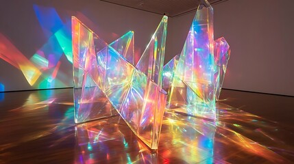 Abstract art installation of translucent, multicolored,  iridescent glass panels reflecting light.