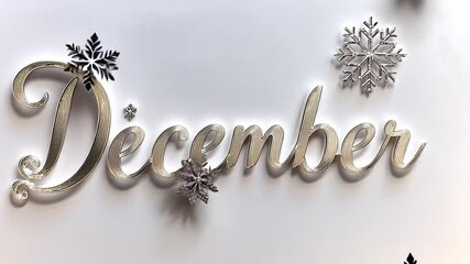 Silver december lettering with falling snowflakes on white background - Powered by Adobe
