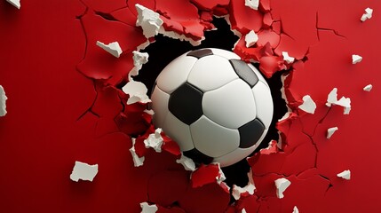 Sport ball break impact dynamic force. A soccer ball bursts through a red wall, creating a dramatic effect with pieces of the wall scattered around.