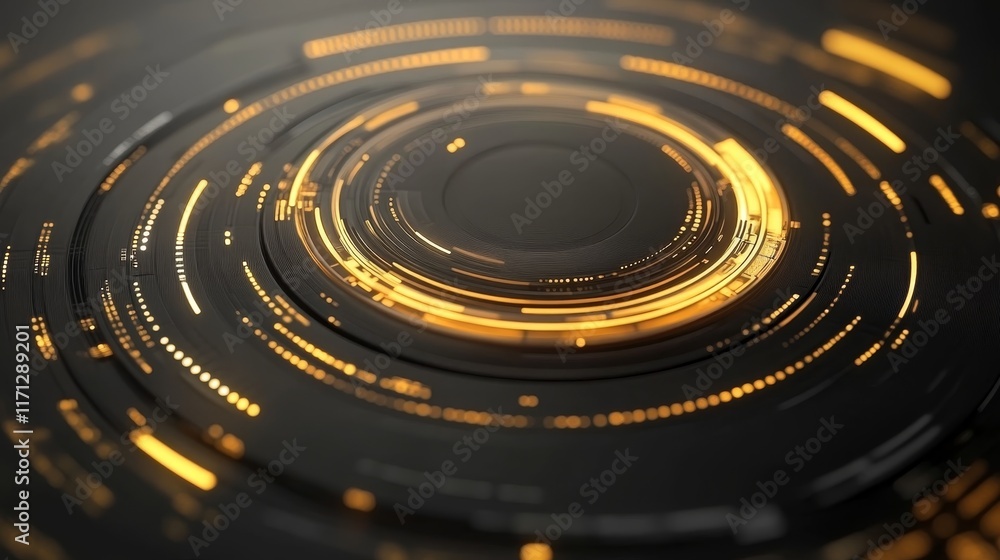 Poster abstract circular design with glowing lines and patterns, suggesting technology and innovation.