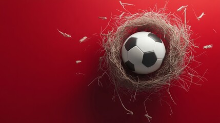 Fototapeta premium Sport ball break impact dynamic force. A soccer ball nestled in a nest against a vibrant red background, symbolizing creativity and the fusion of sports and nature.