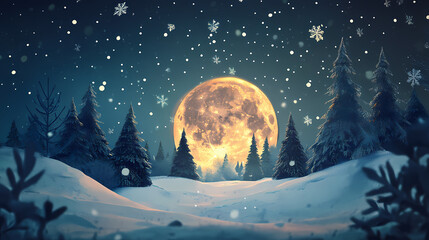 Naklejka premium Magical snowglobe with tiny trees, snowflakes, and a glowing moon, glowing moon, whimsical world, peaceful night. Snowglobe. Illustration