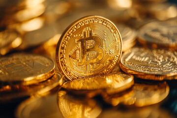 close up of gold Bitcoin surrounded by other coins, symbolizing wealth and investment