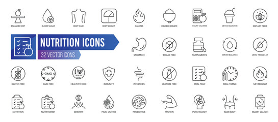 NUTRITION - Outline Icon Collection. Thin Line Set contains such Icons as Balanced Diet, Blood Sugar, Body Care, Body Weight and more. Simple web icons set.