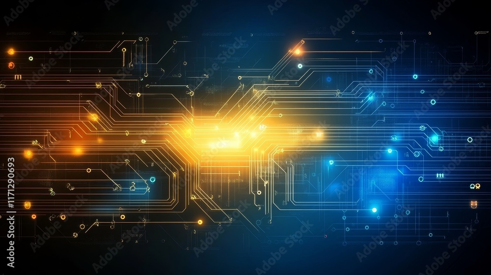 Poster abstract digital circuitry with glowing elements, representing technology and innovation.