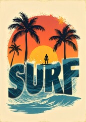 Obraz premium A vintage-style surf poster with crashing waves and sandy beach, evoking coastal vibes, surfer amidst vibrant palms