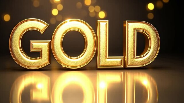 Shiny gold text reflecting on surface with golden particles