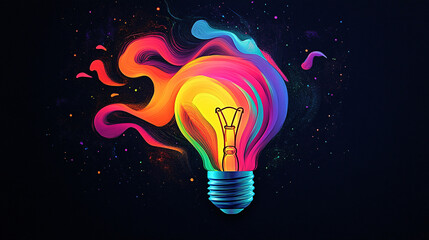 Fototapeta premium Creative concept light bulb explodes with colorful water colors on a light blue background. Think different, creative idea. Productivity and creativity 
